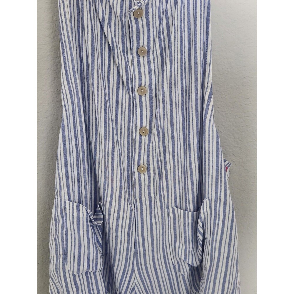 Xhilaration Womens L Blue White Striped Romper Button Tie Sleeveless Pockets - Picture 2 of 7